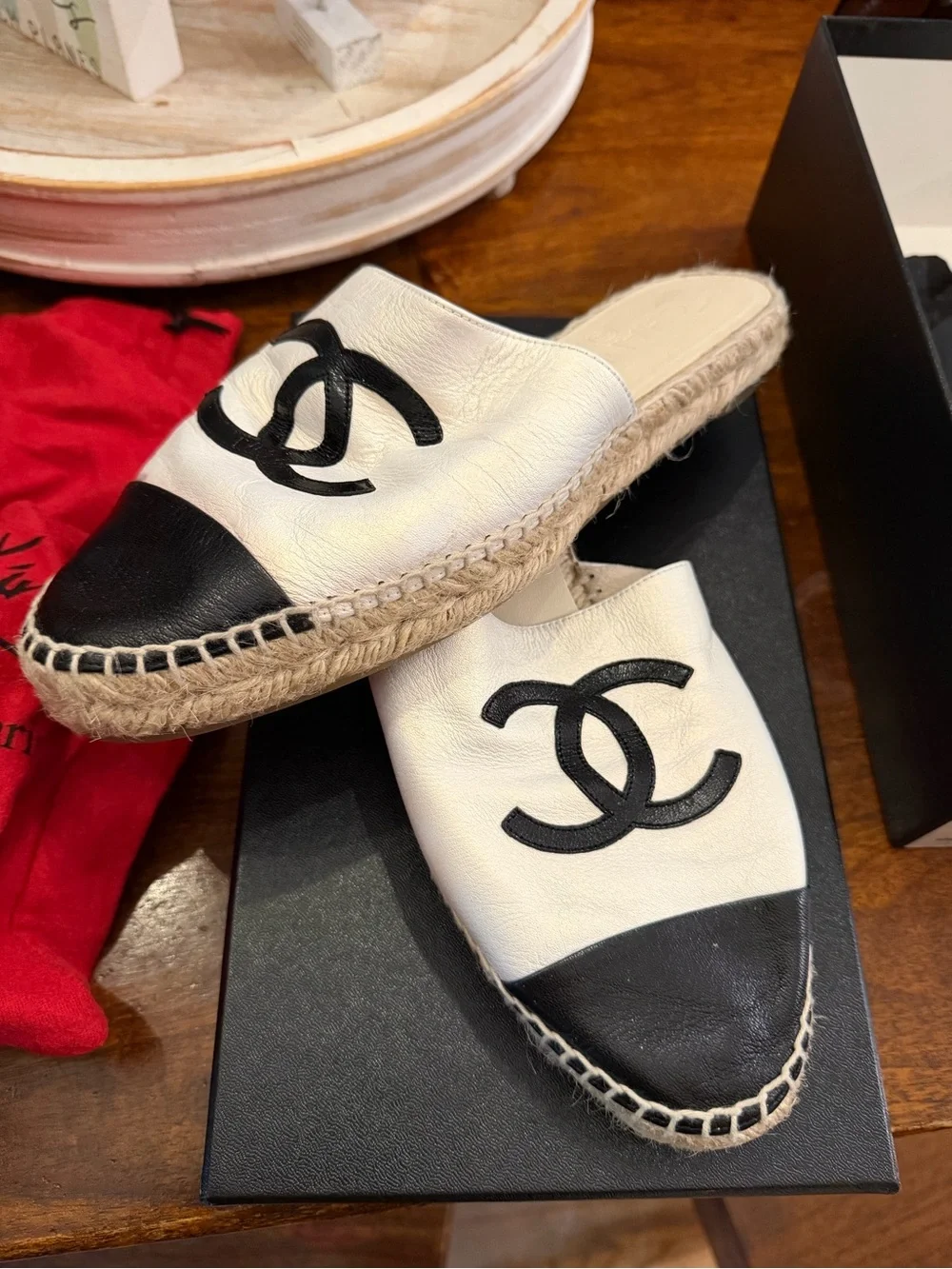 Chanel CC Lambskin Espadrille Mule Slides Ivory/Black